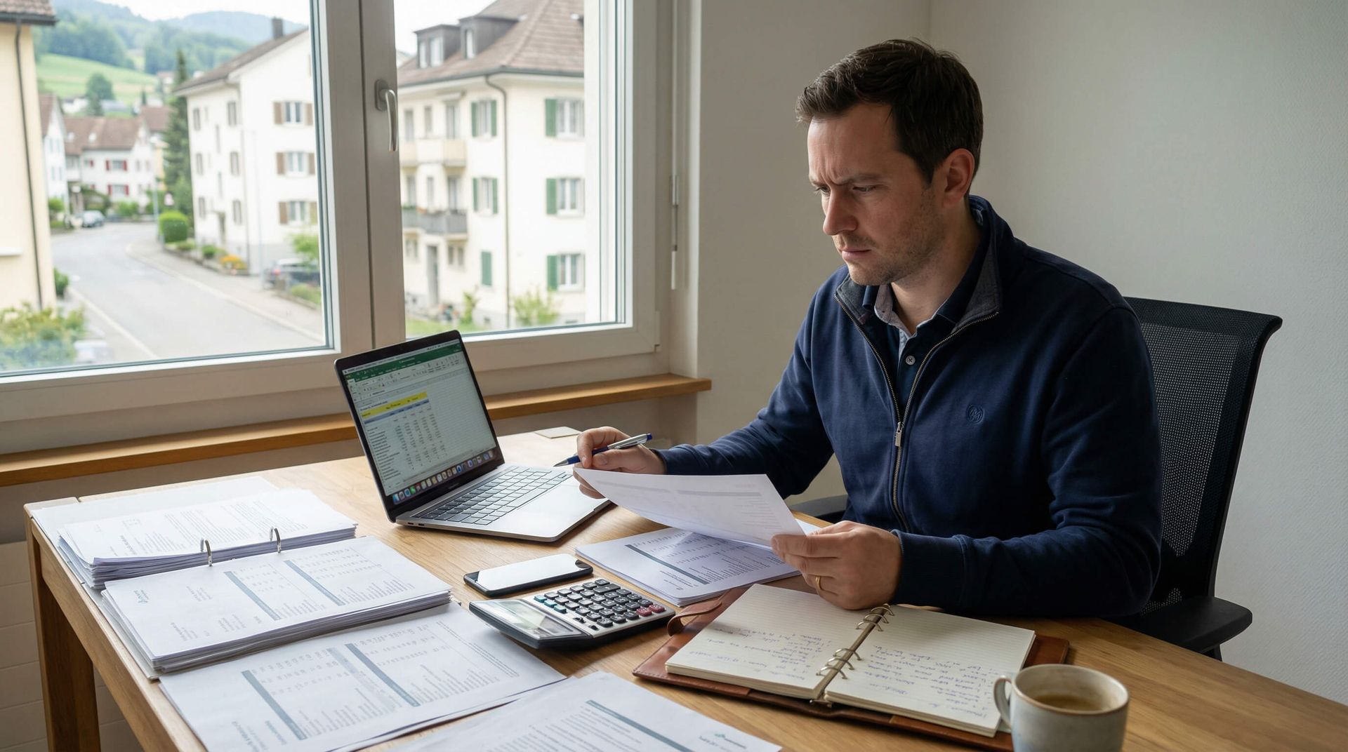 Une personne est assise à un bureau en bois près d'une fenêtre, en train de consulter des documents