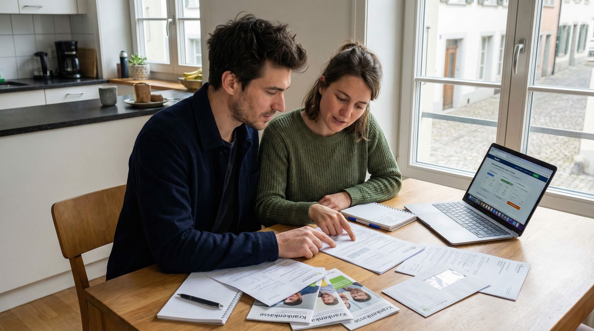 Deux personnes sont assises à une table de cuisine en bois, examinant des documents