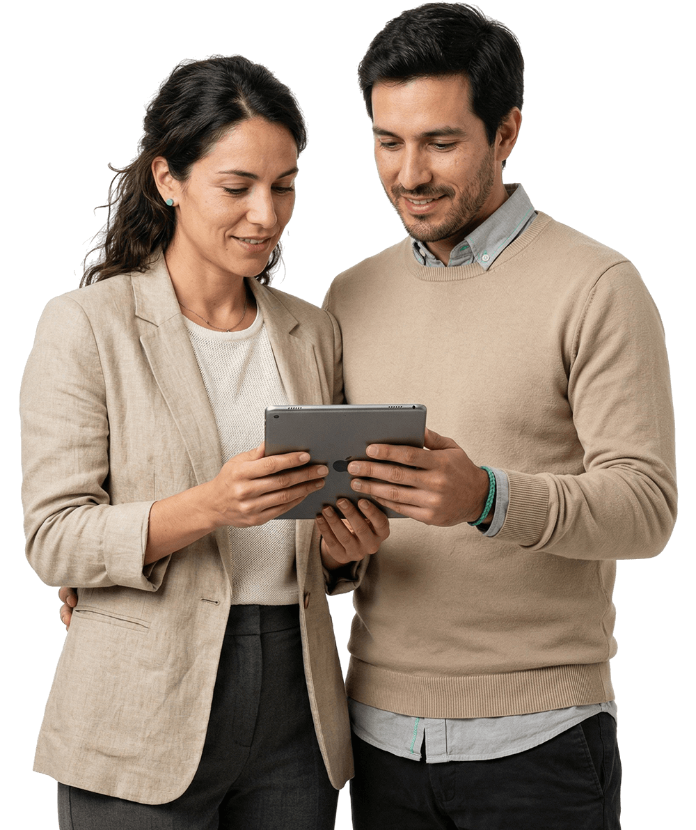 Un hombre y una mujer, ambos profesionales, posan juntos frente a un fondo blanco