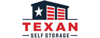 Texan Self Storage logo with a star, doors, and red 