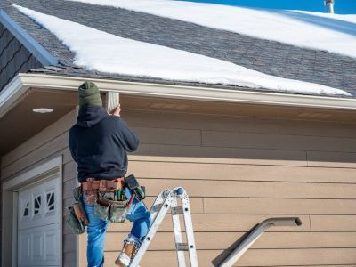 A man is standing on a ladder fixing a gutter on a house.