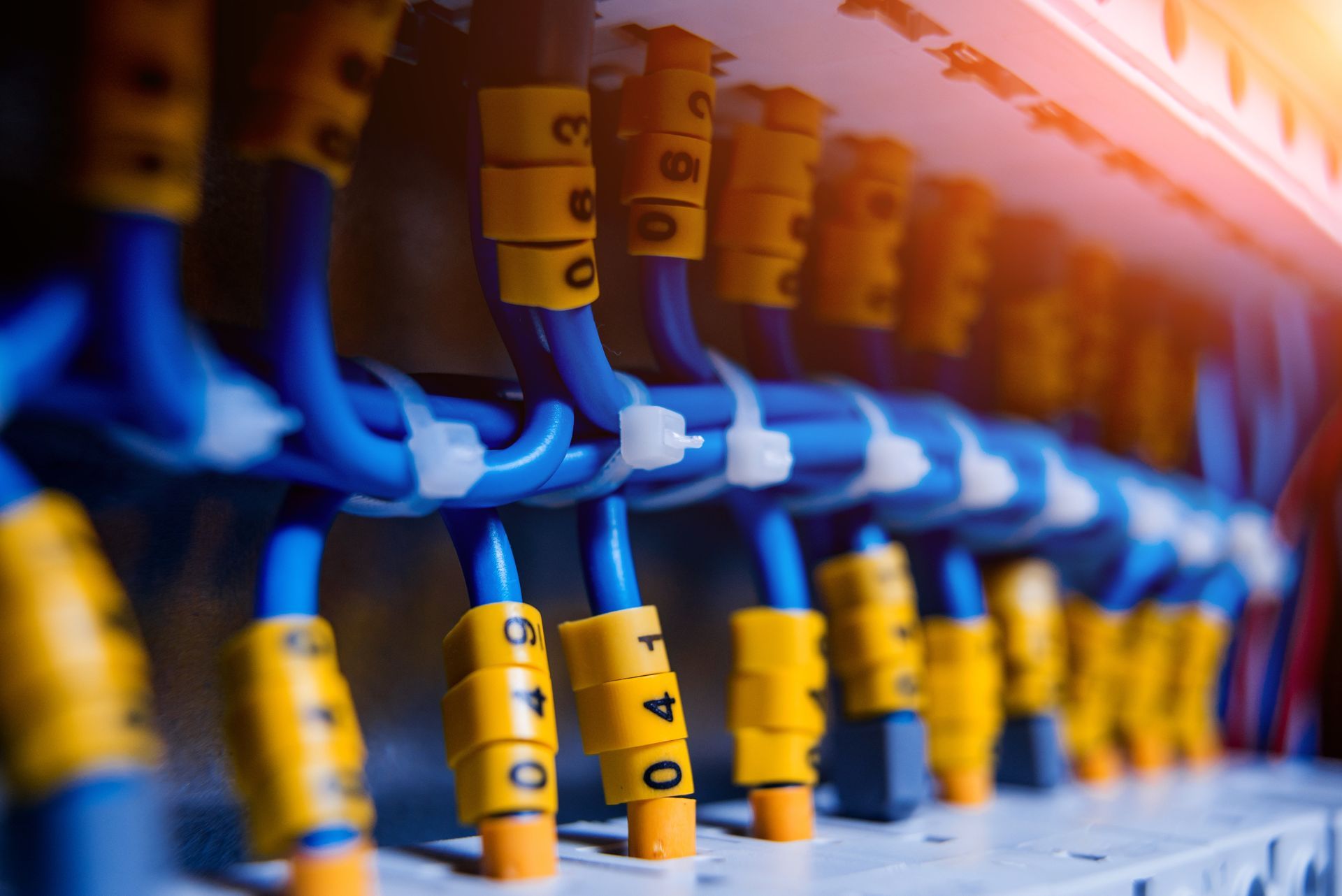 Primo piano di fili elettrici blu con etichette numerate gialle, collegati a una morsettiera in un quadro elettrico.