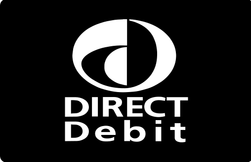 The logo for direct debit is white on a black background.