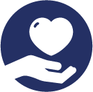 A hand is holding a heart in a blue circle.