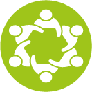 A group of people are sitting in a circle in a green circle.