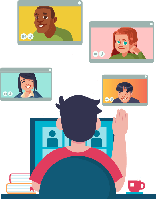 A man is sitting in front of a computer with a group of people on a video call.