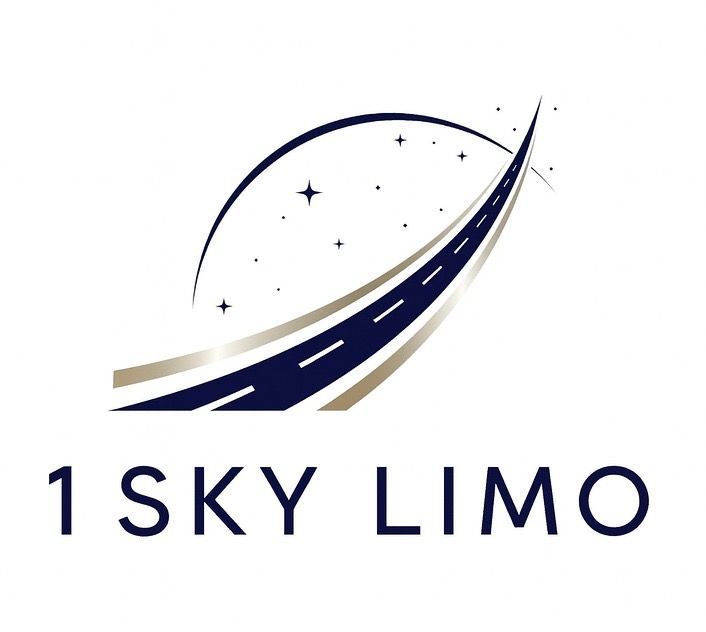 Logo for 1 Sky Limo: a stylized road curving toward an arc of stars, navy and gold colors.