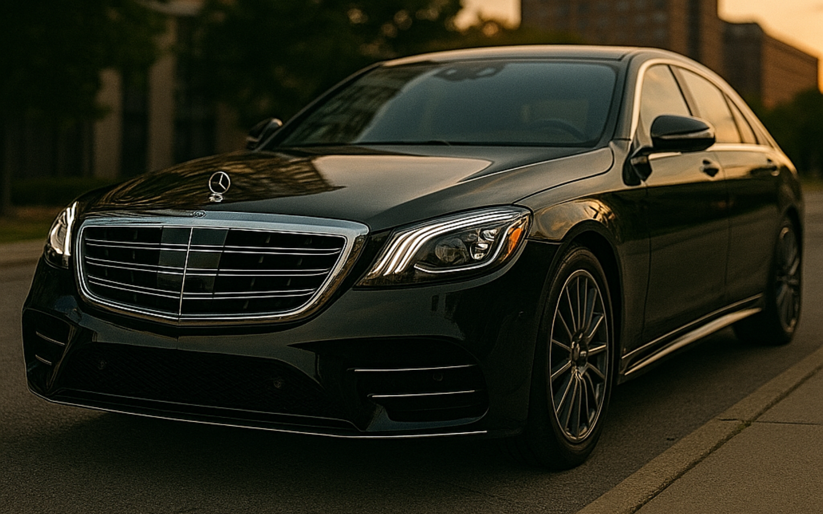 Black Mercedes sedan parked on a city street, illuminated by golden hour light.