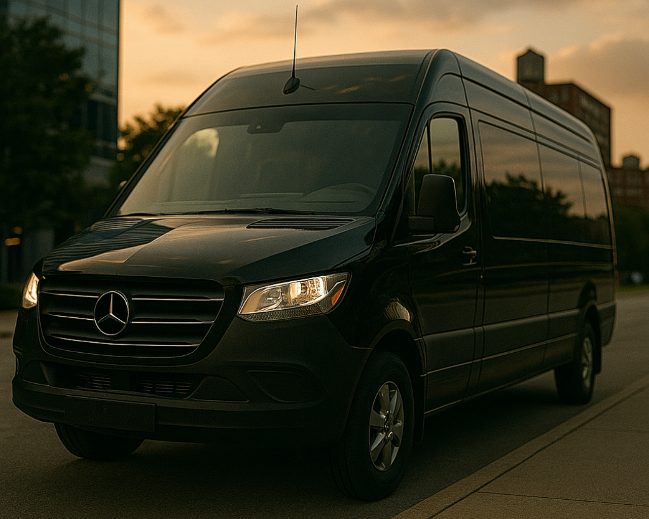 Black Mercedes-Benz Sprinter van parked on a city street at sunset.