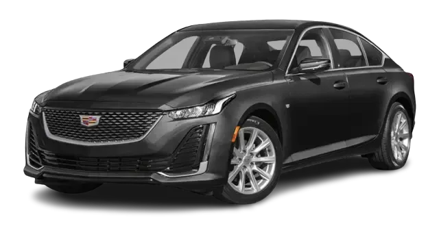 Black Cadillac CT5 sedan, angled view.