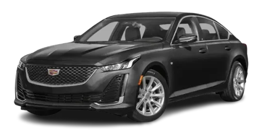 Black Cadillac CT5 sedan, angled view.