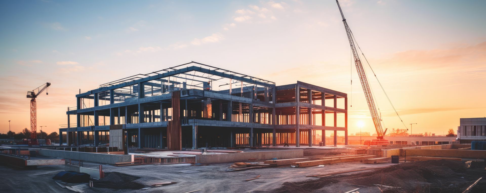 Un grand bâtiment est en construction avec des grues et un coucher de soleil en arrière-plan.