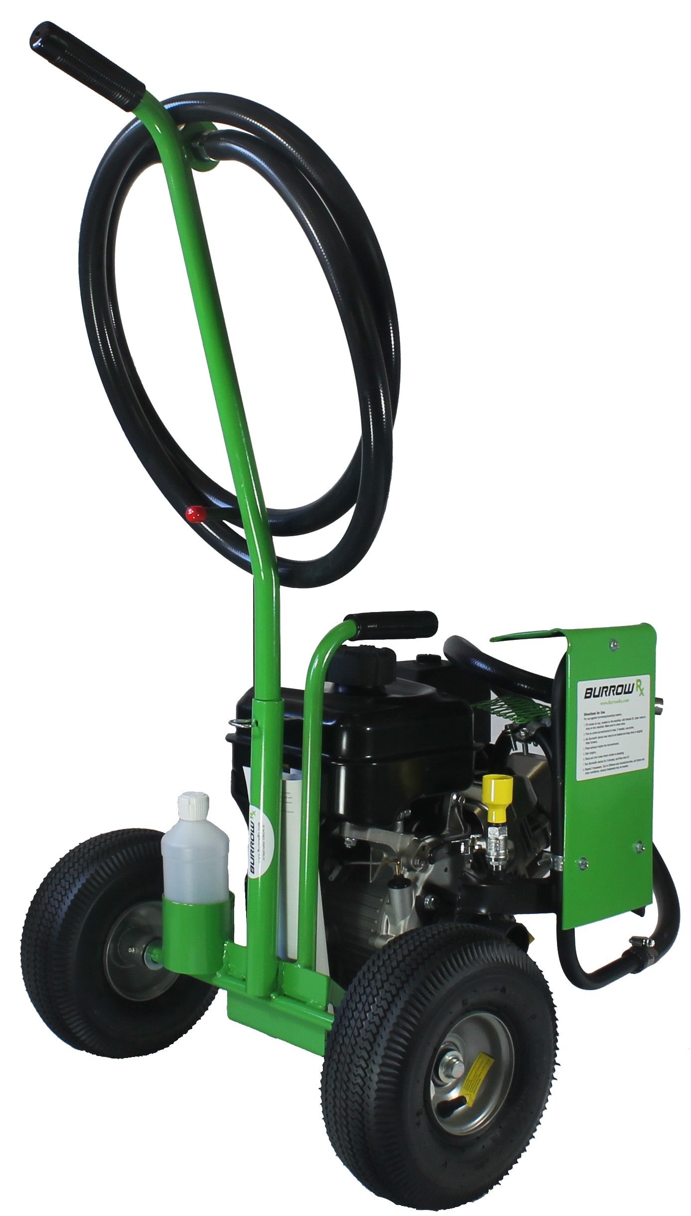 Green and black portable pressure washer on wheels with handle and hose.