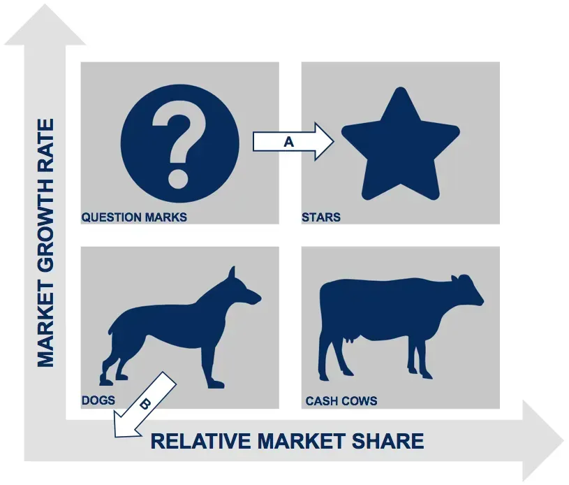 Un diagramma che mostra il tasso di crescita del mercato e la quota di mercato relativa
