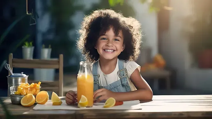 Una bambina è seduta a un tavolo e beve del succo d'arancia.
