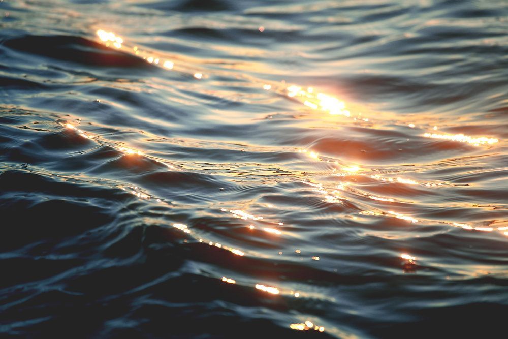 Un primo piano di uno specchio d'acqua con il sole che splende su di esso