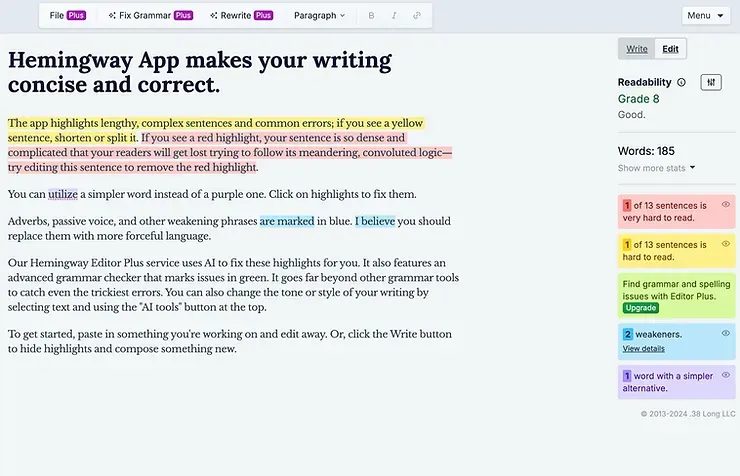 L'app Hemingway rende la tua scrittura concisa e corretta.