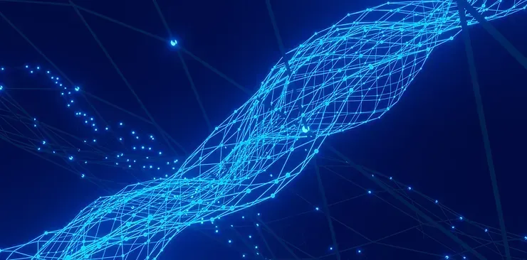 Un vortice blu di linee e punti su uno sfondo blu scuro.
