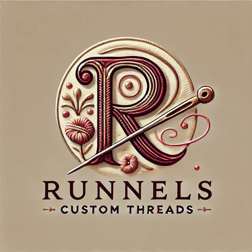 Logo for Runnels Custom Threads: a circular design with the letter 