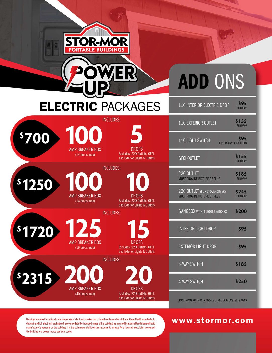 Promotional flyer for Stor-Mor with electric package pricing, and add-ons in red and white.