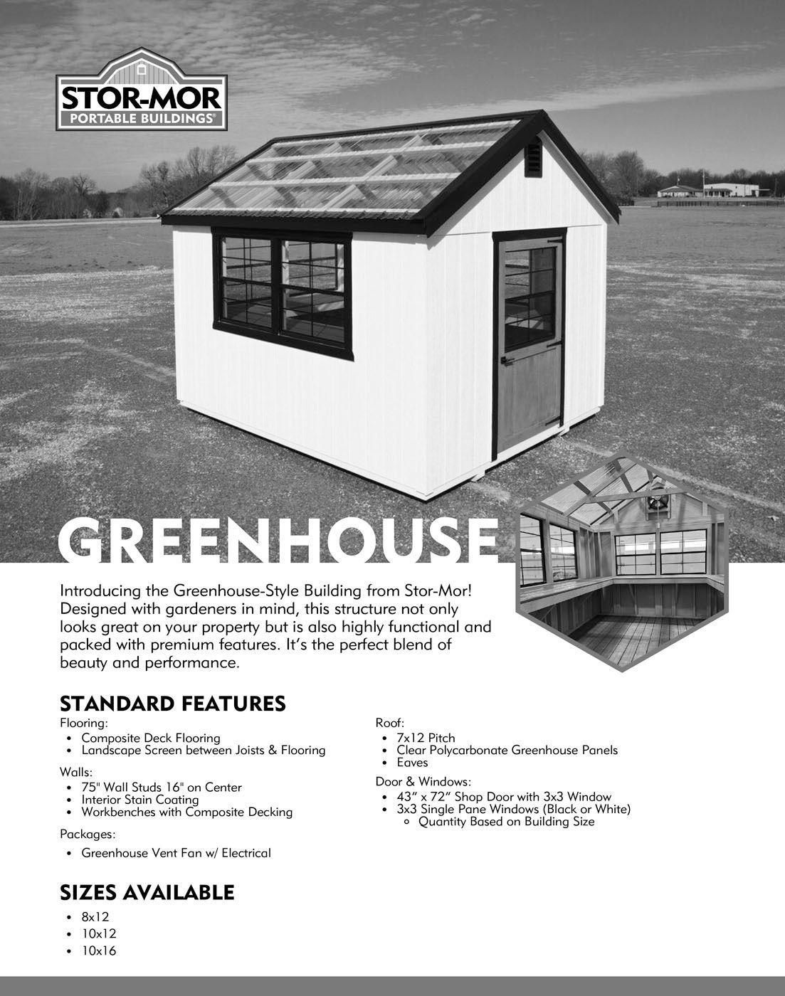 Greenhouse ad with a white structure, black trim, and glass roof. Displays standard features and available sizes.