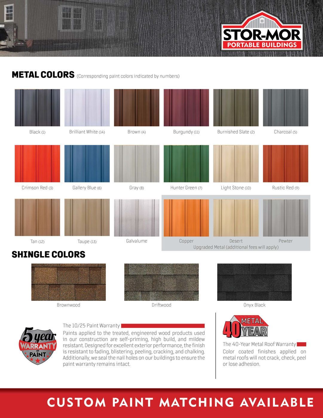 Color swatches for metal and shingle roofing options, including a custom paint matching service.