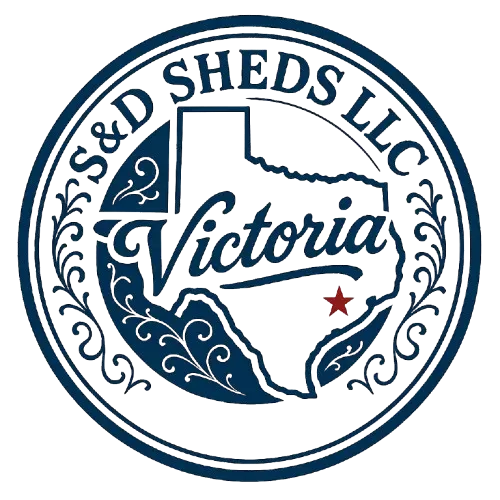 Logo for S&D Sheds LLC, featuring a Texas outline with "Victoria" in script, and a star.