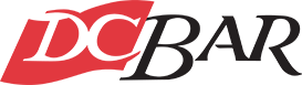 A red and black logo for dc bar on a white background
