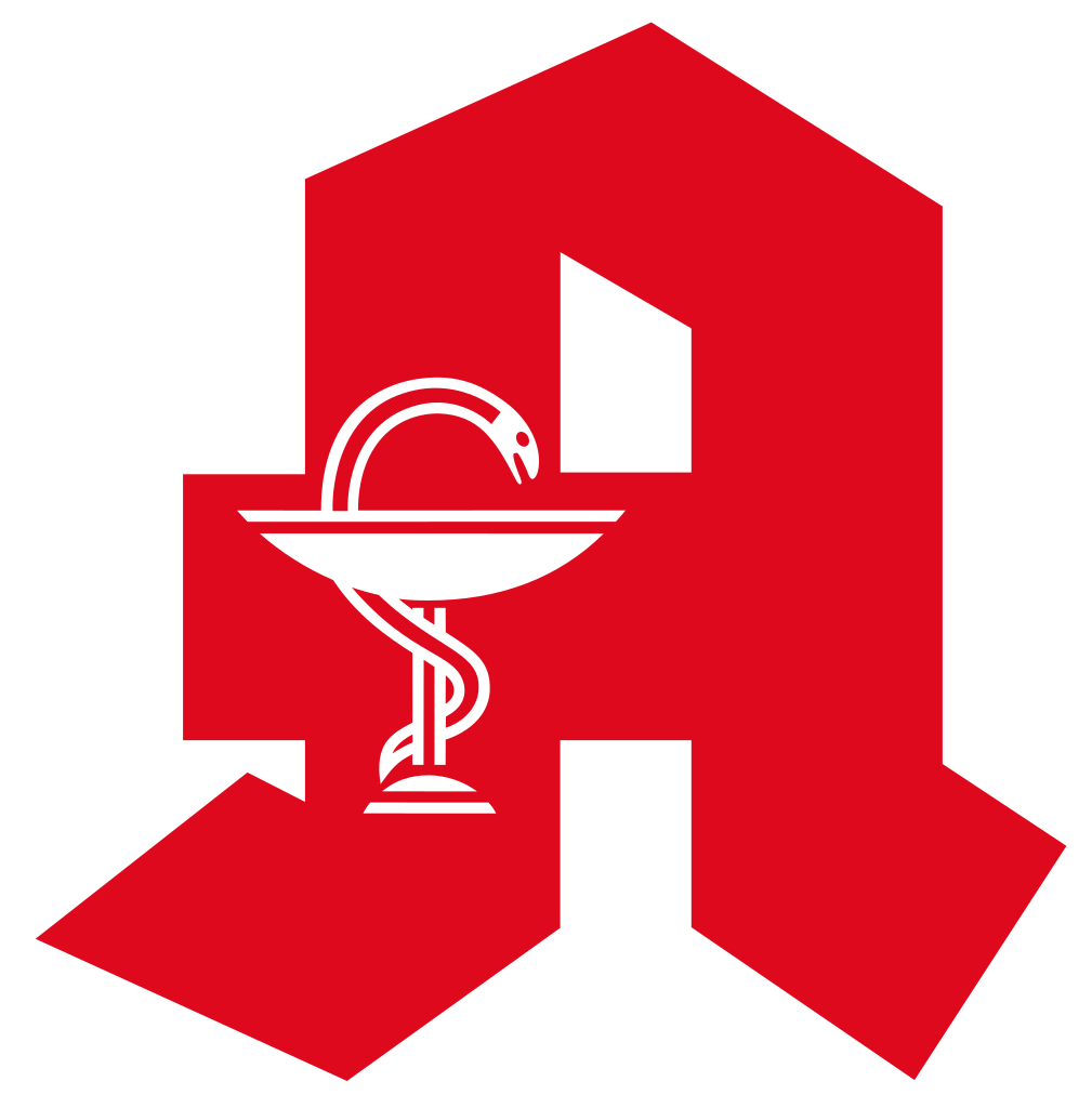 Ein rotes, stilisiertes „A“ mit einer weißen Schale und einem Schlangensymbol, das eine Apotheke darstellt.