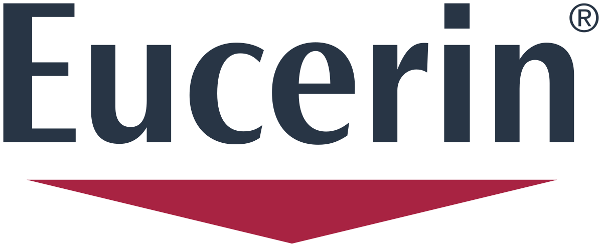 Eucerin-Logo in dunkelblauer Schrift, darunter ein roter Winkel.