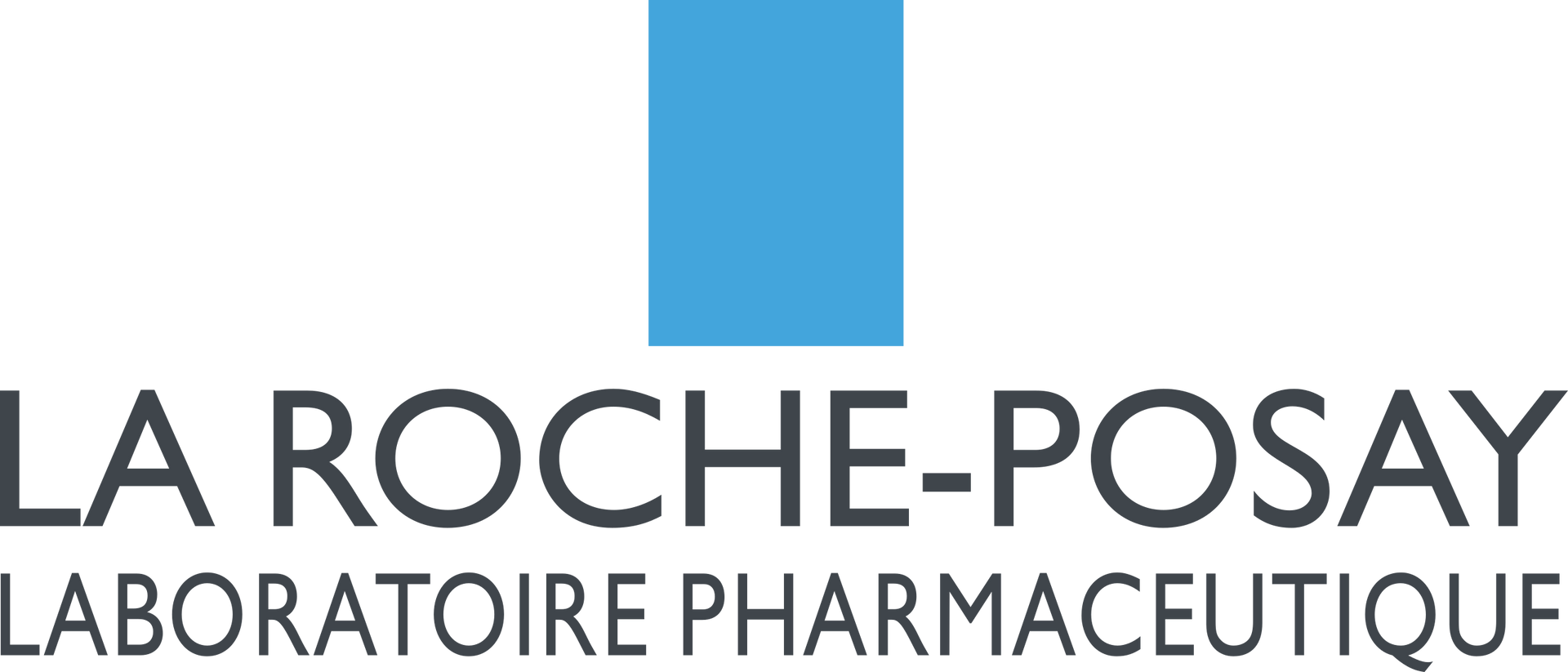 Logo von La Roche-Posay mit einem blauen Quadrat über dem Text: "LA ROCHE-POSAY LABORATOIRE PHARMACEUTIQUE".