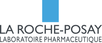 Logo von La Roche-Posay mit einem blauen Quadrat über dem Text: "LA ROCHE-POSAY LABORATOIRE PHARMACEUTIQUE".