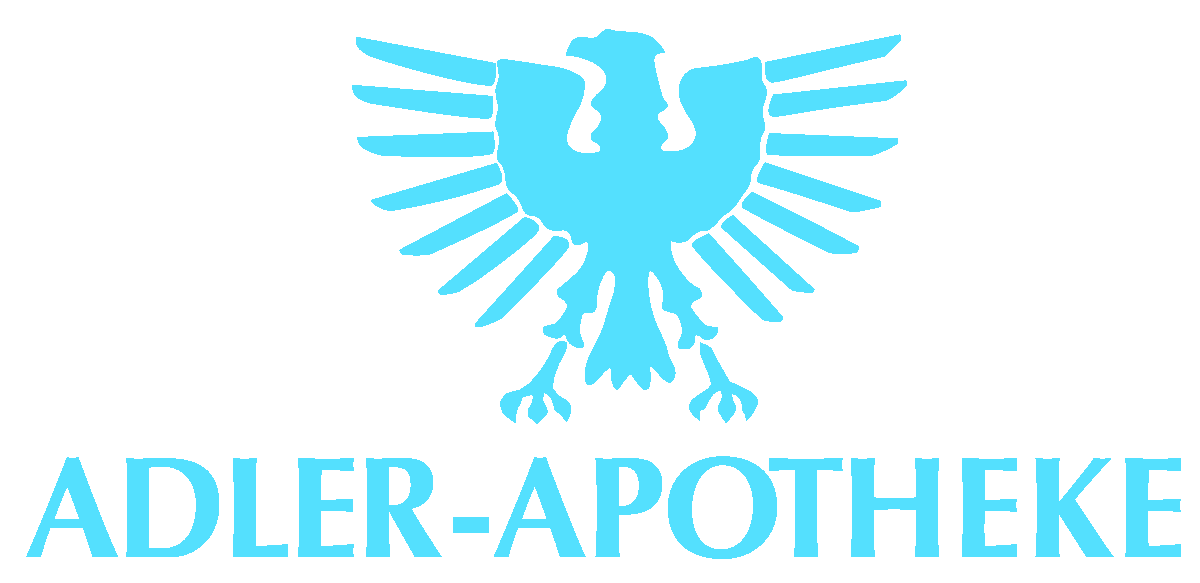 Logo der Adler-Apotheke. Hellblaues Adleremblem über hellblauem Text.