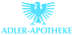 Logo der Adler-Apotheke. Hellblaues Adleremblem über hellblauem Text.