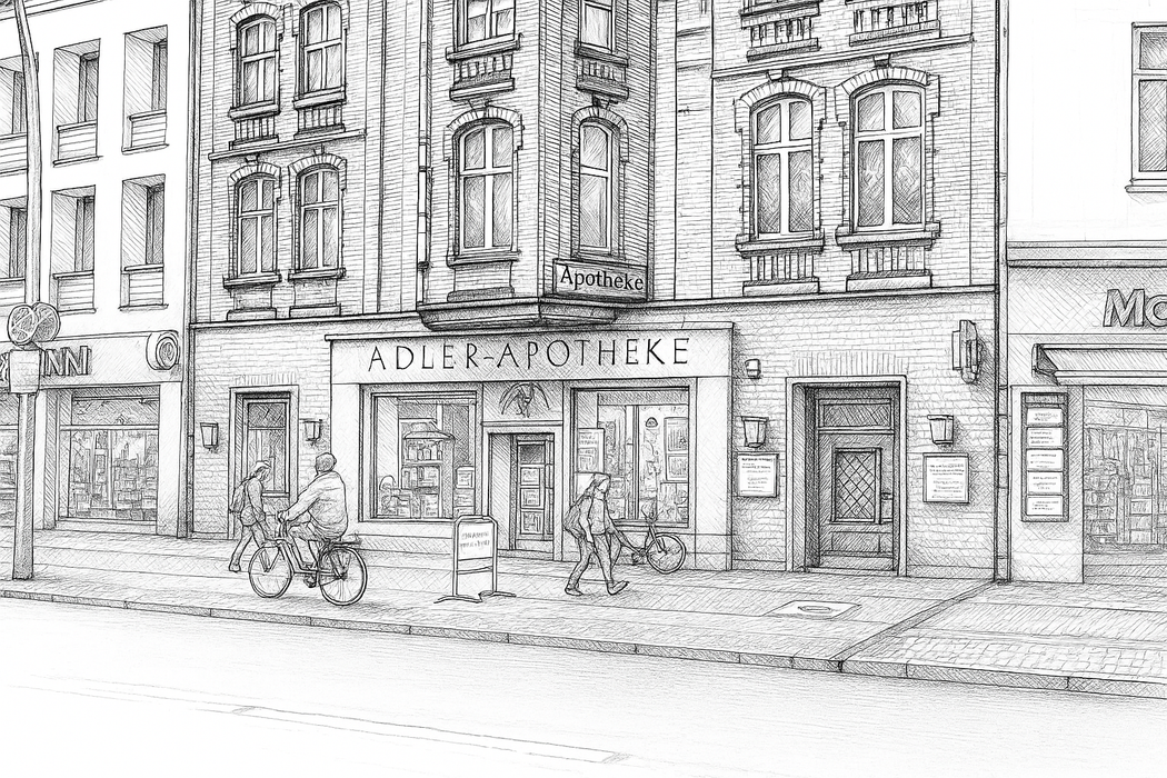 Schwarz-weiße Strichzeichnung des Adler-Apotheke-Gebäudes mit Fahrrad und Straßenszene.