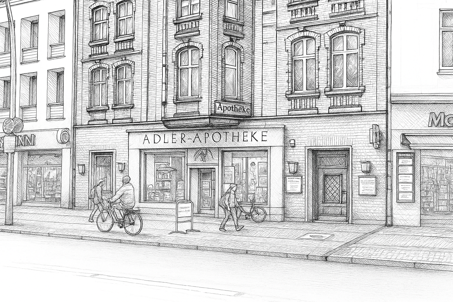 Schwarz-weiße Strichzeichnung des Adler-Apotheke-Gebäudes mit Fahrrad und Straßenszene.