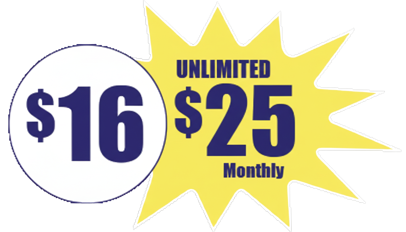 Price comparison for unlimited service: $15 inside circle, $20 on yellow burst.