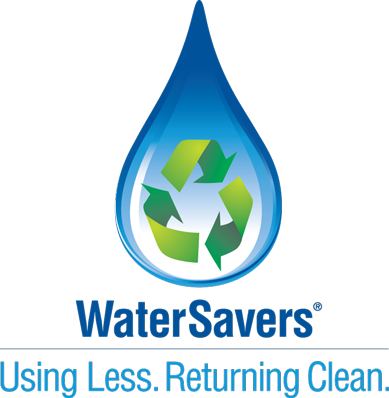 WaterSavers logo: Blue water drop with a green recycling symbol inside; text reads 