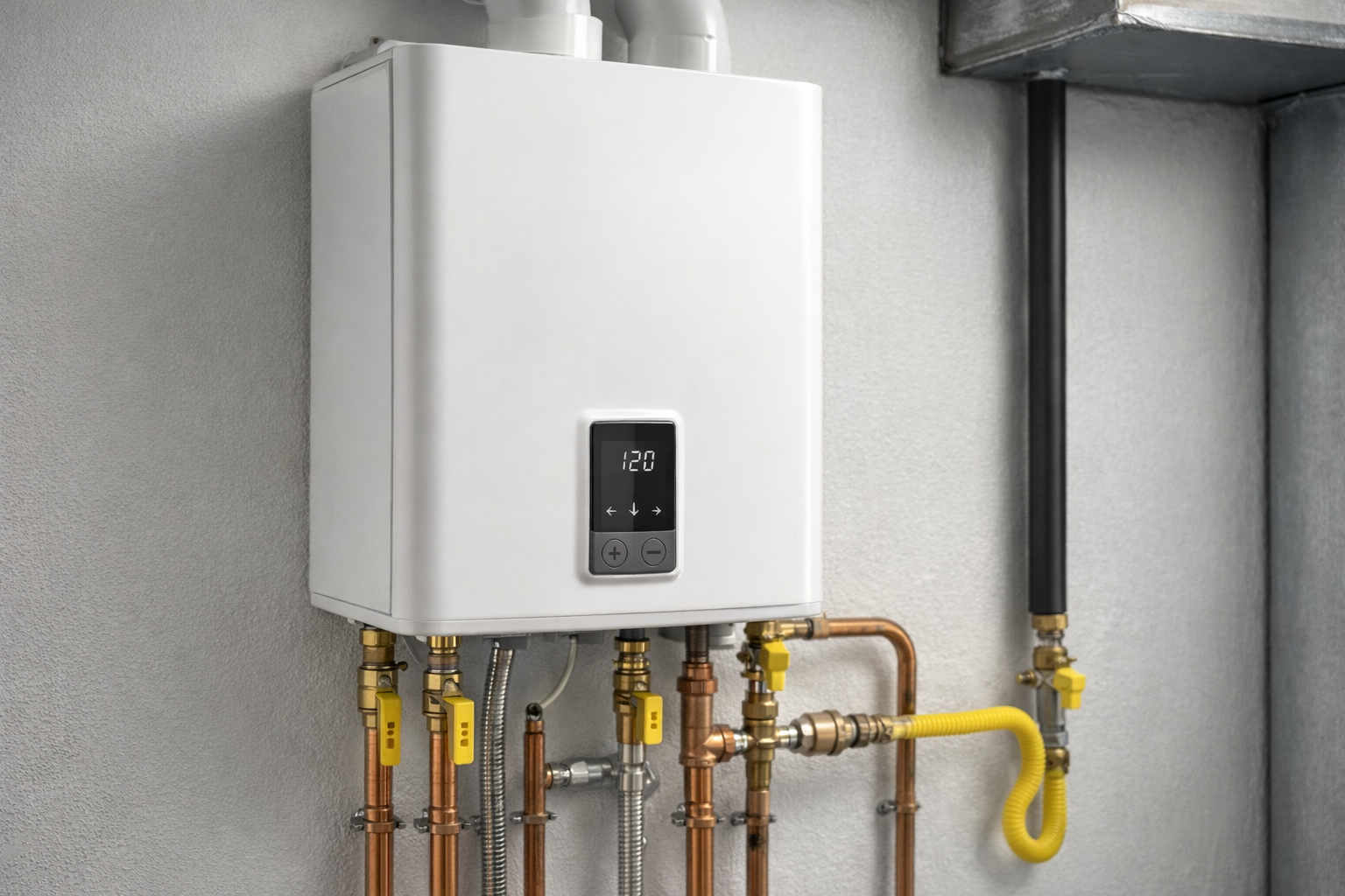 A person slides a white, pleated air filter out of a heating and cooling unit.
