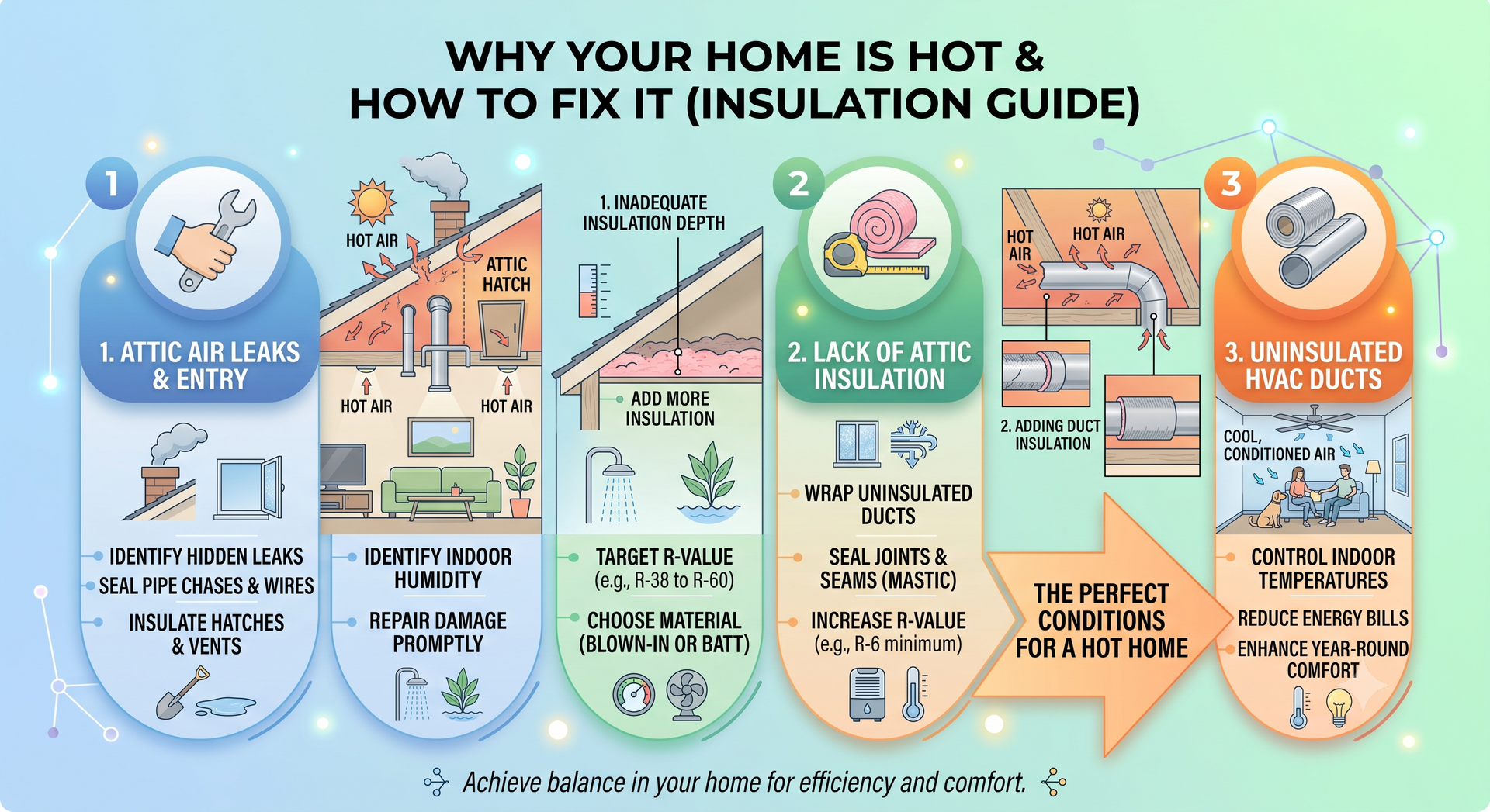 home insulation problems infographic with attic insulation air leaks and duct insulation
