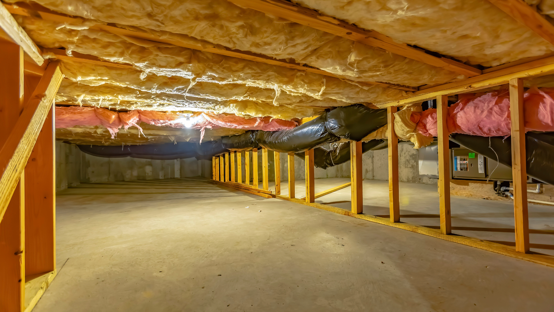 A basement with a lot of insulation and wooden beams.
