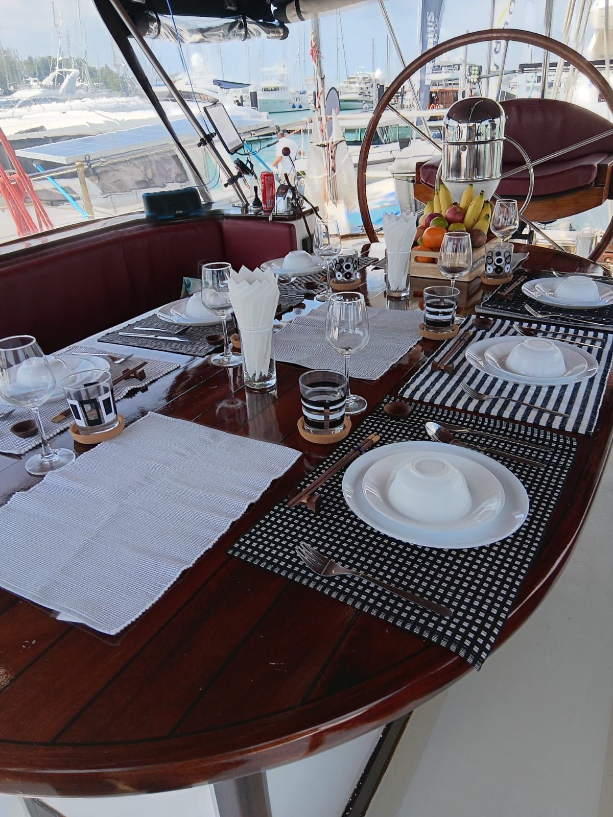 A table set for a meal on a boat