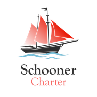 A logo for schooner charter with a sailboat in the water