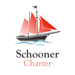 A logo for schooner charter with a sailboat in the water