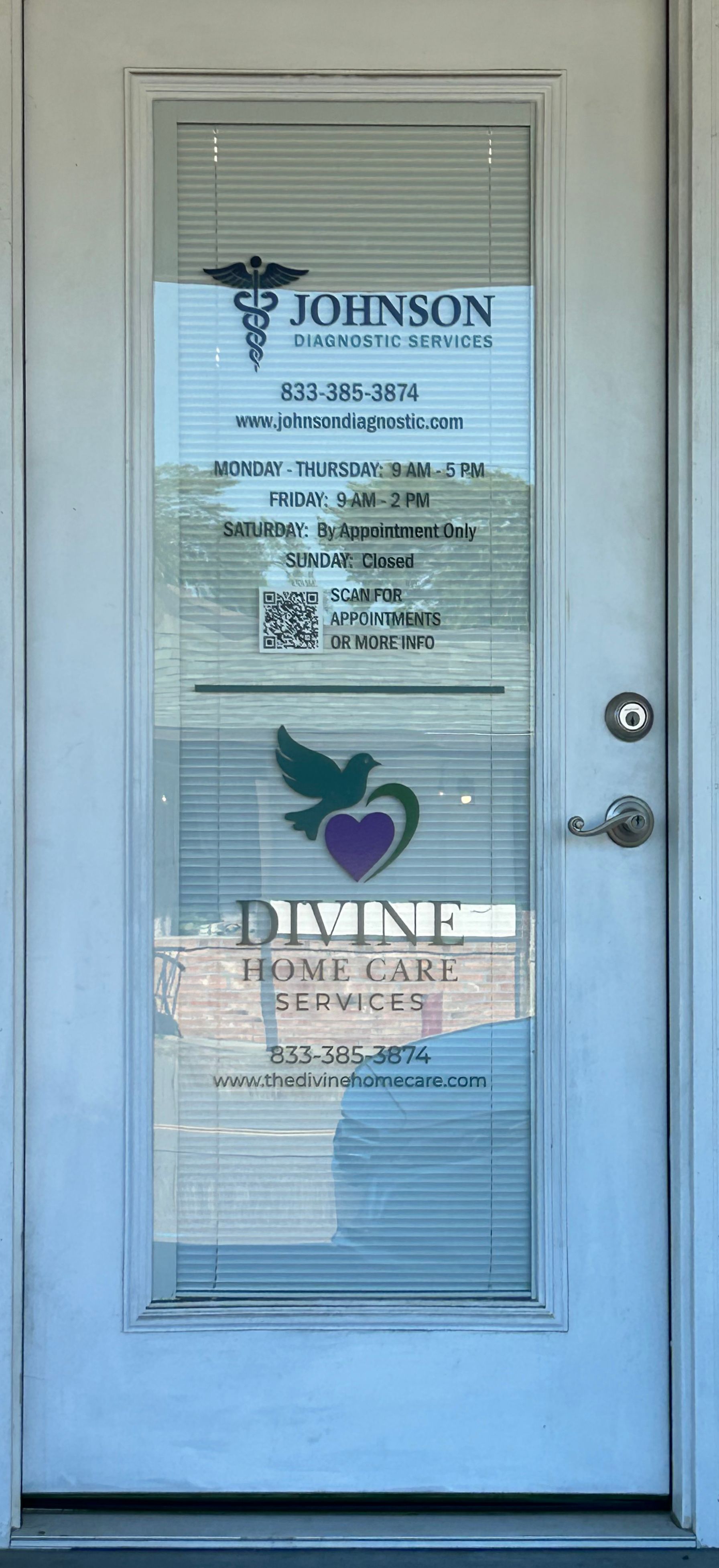 Glass door with decals for Johnson Healthcare and Divine Home Care, including logos, phone numbers, and a QR code.
