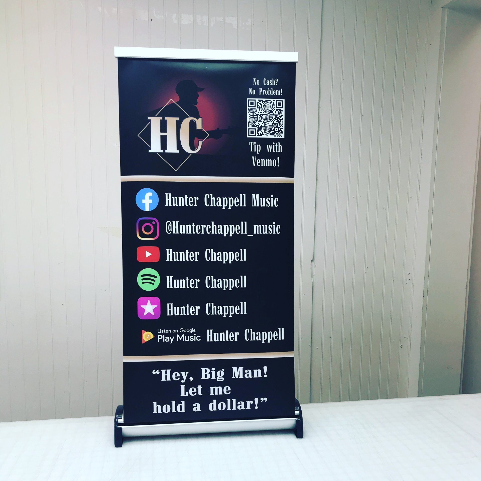 A black vertical banner for musician Hunter Chappell featuring social media links, a QR code, and 