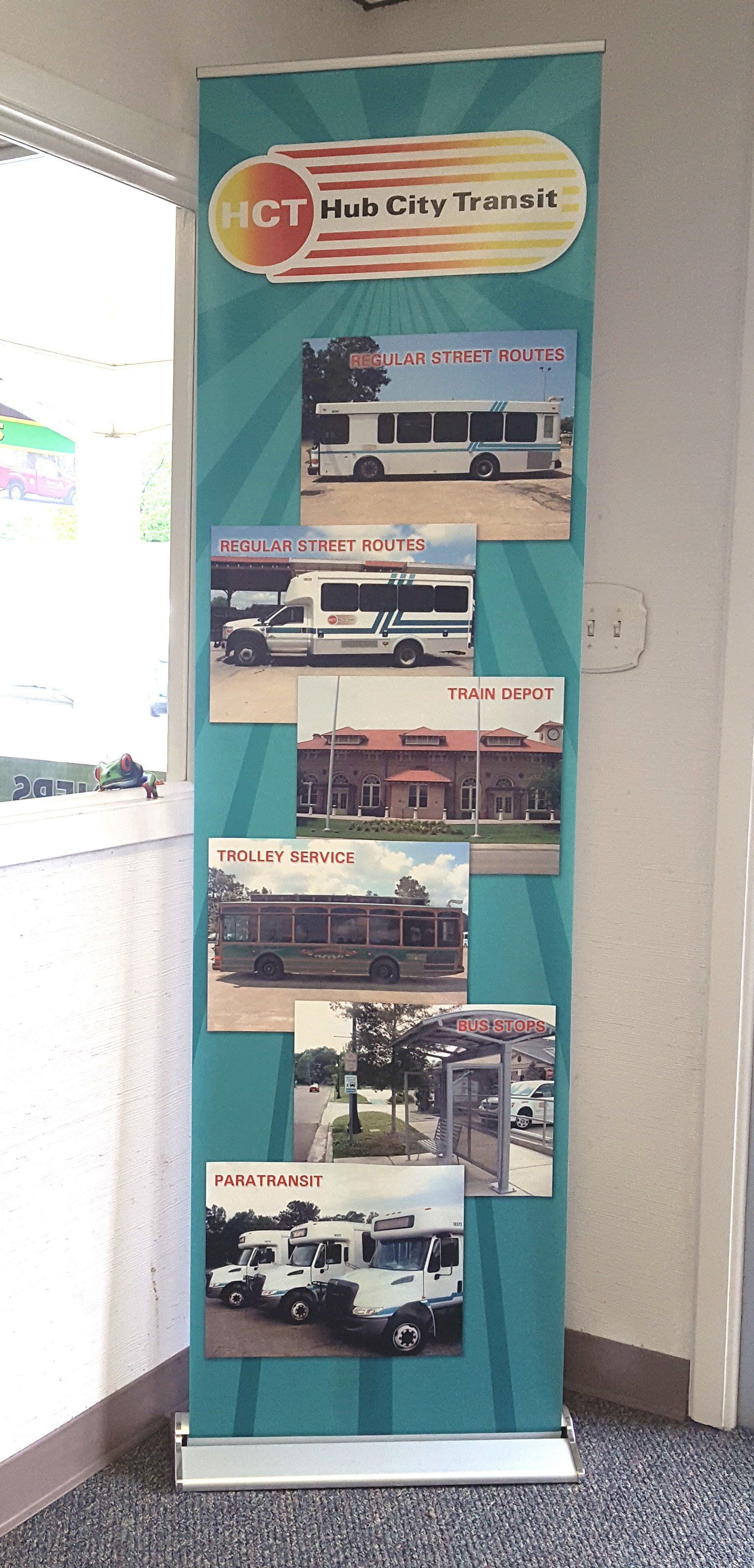 A vertical banner for Hill City Transit featuring a logo at the top and six photos showing various public transit buses.