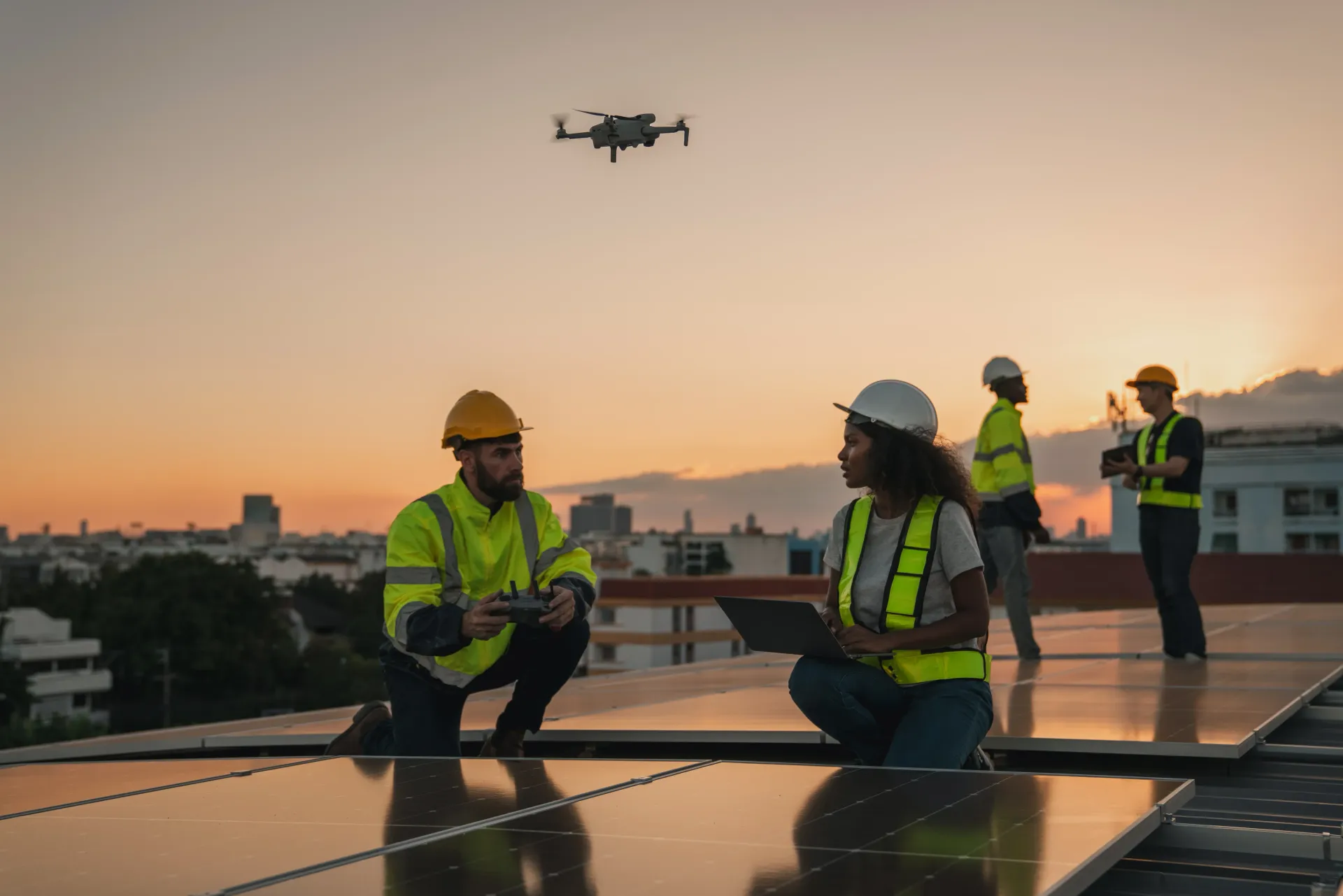 Construction workers inspect solar panels on a rooftop with a drone at sunset.