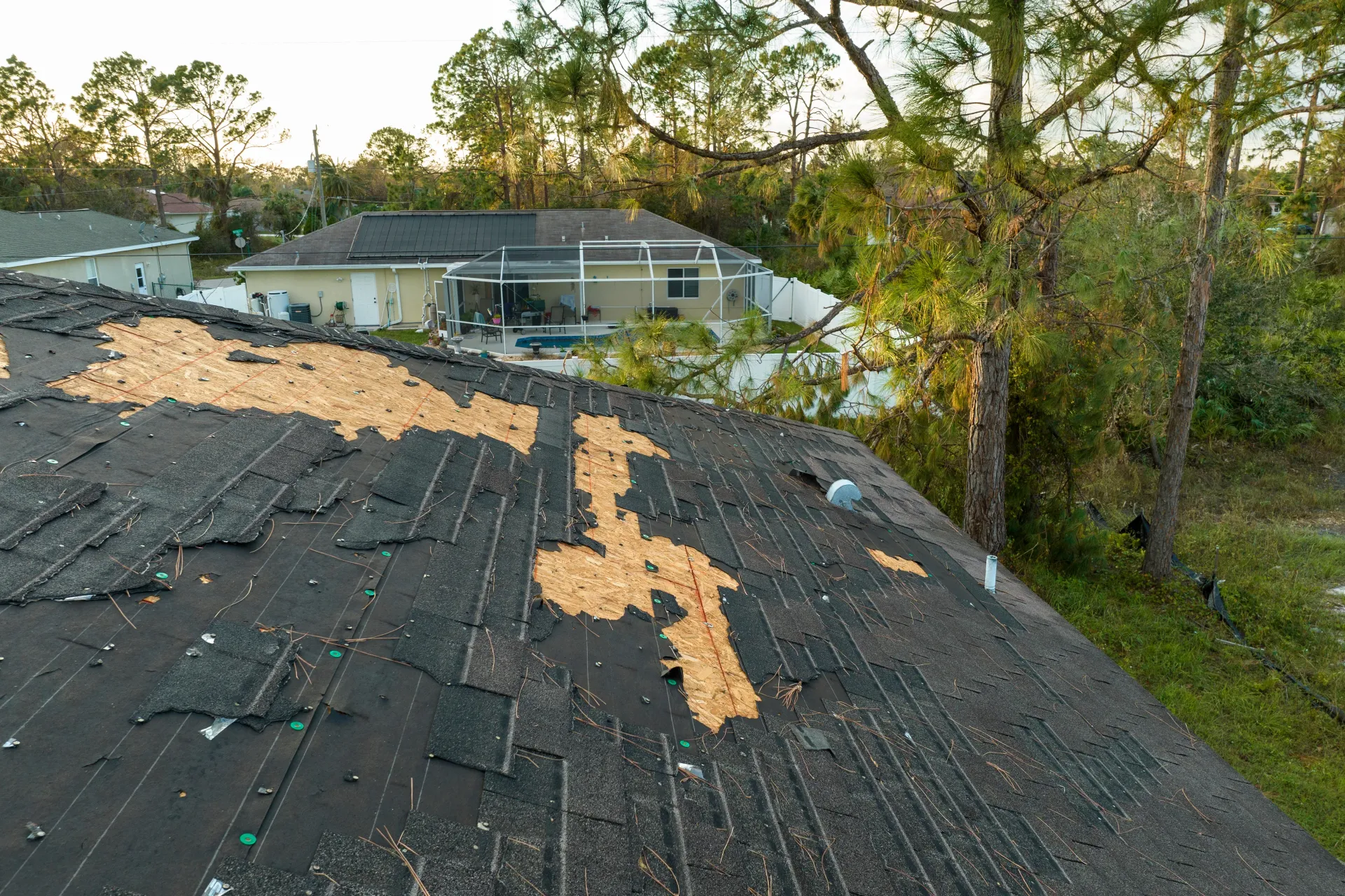 Damaged roof with missing shingles; a house and trees are in the background.