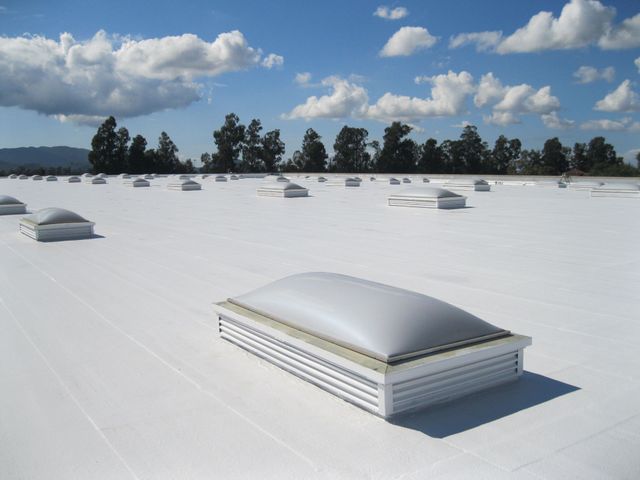 White commercial roof with numerous skylights under a partly cloudy blue sky.